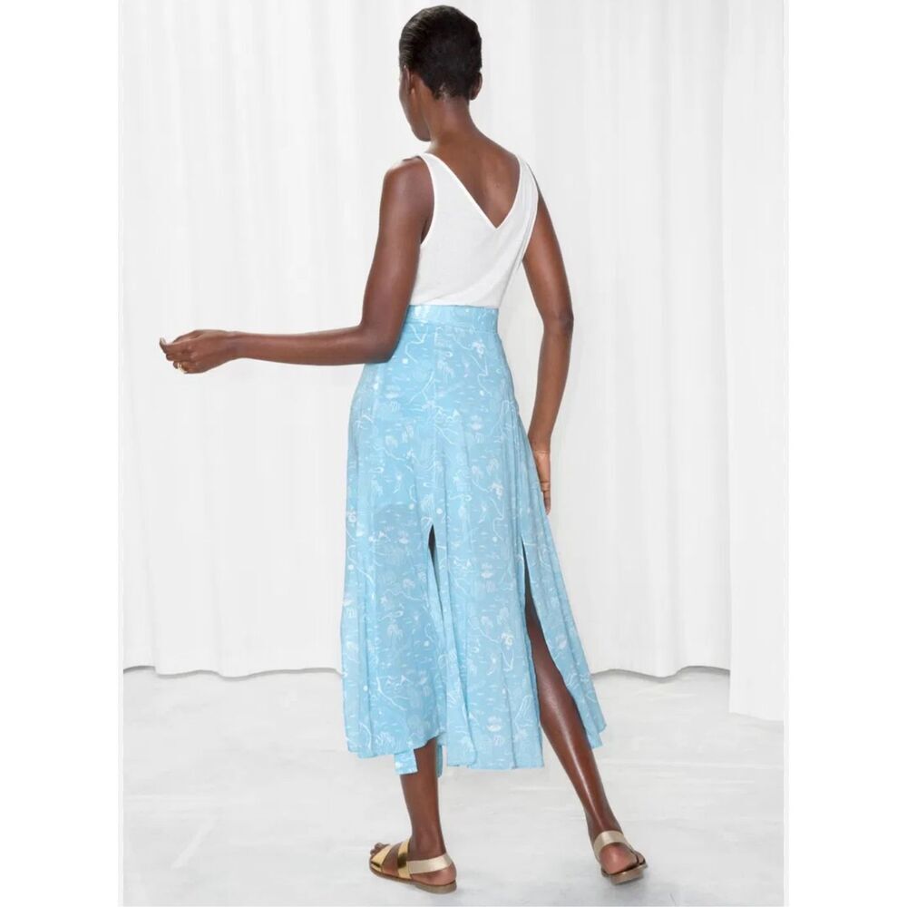 & Other Stories Paris Atelier Slit Crepe Midi Skirt Belt Blue Palm Tree Shell 4 - Picture 2 of 16